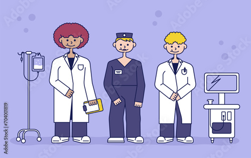 Vector illustration of three characters in flat style. Image of a team of medical professionals and supplies on a purple background. Medical illustration.