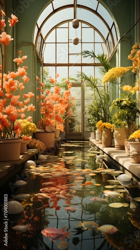 Vibrant flowers and koi fish in a beautiful greenhouse