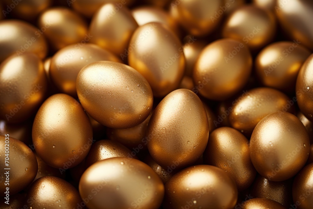 a pile of shiny gold eggs sitting on top of a pile of other shiny gold eggs on top of a pile of shiny gold eggs on top of other shiny gold eggs. a pile of shiny gold eggs sitting on top of a pile of other shiny gold eggs on top of a pile of shiny gold eggs on top of other shiny gold eggs.