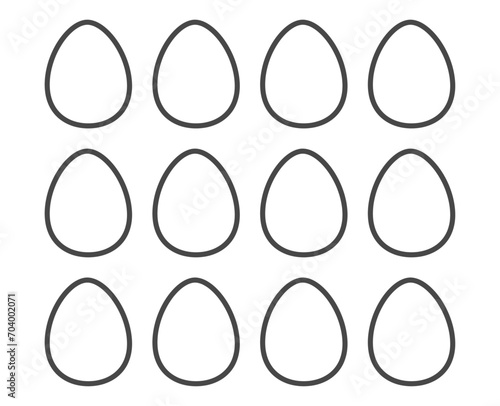Easter eggs template. 12 eggs. Stencils for children. Cut out shapes. Blank egg set samples for cutting out and drawing inside. Vector illustration in bold line style isolated on white background. 