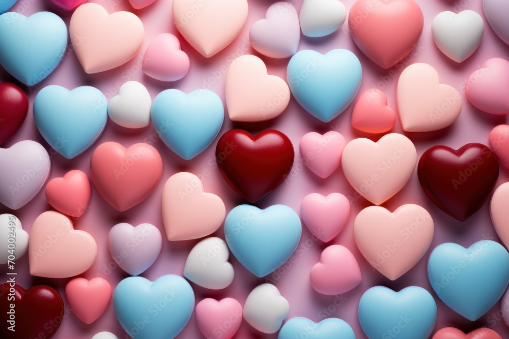  a group of heart shaped candies sitting on top of a pink and blue surface with red, pink, and blue hearts in the middle of the candies.