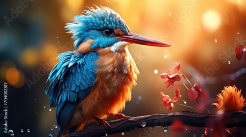  a colorful bird sitting on a branch with water droplets on it's wings and a blurry background of red, yellow, and blue flowers and water droplets. © Shanti
