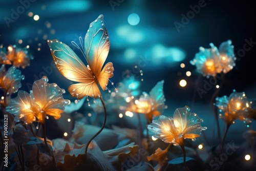  a close up of a butterfly on a flower with water droplets on the petals and a blurry background of blue  yellow  and white flowers in the foreground.