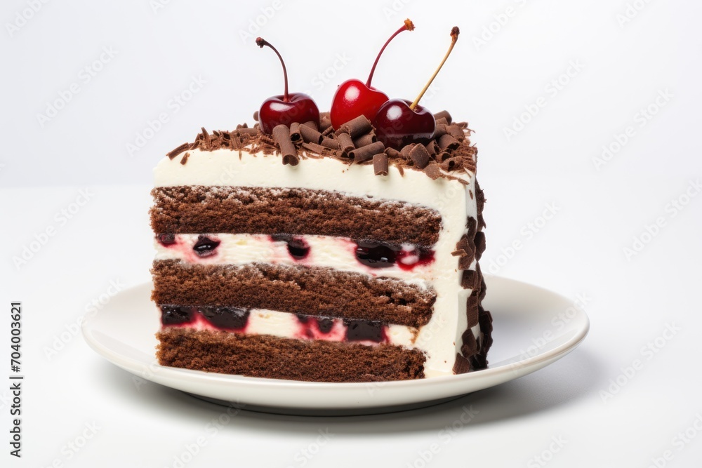 a piece of cake on a plate with cherries on top of it and a slice of cake on the plate with the rest of the cake on the plate. a piece of cake on a plate with cherries on top of it and a slice of cake on the plate with the rest of the cake on the plate.