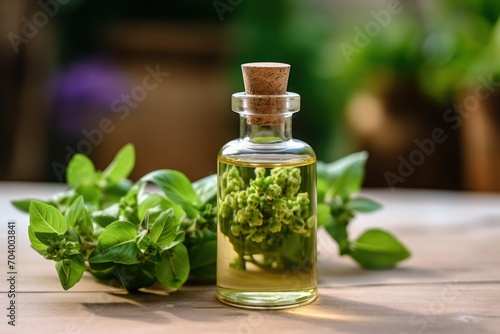  a bottle filled with green leaves sitting on top of a table next to a potted plant on top of a wooden table next to a bottle of green leaves.