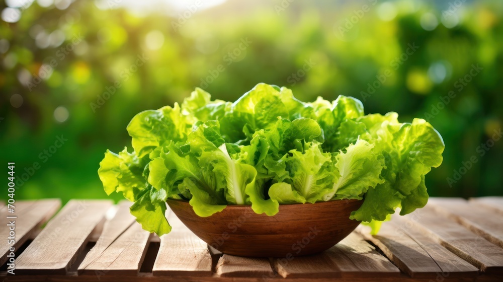a wooden bowl filled with lettuce sitting on top of a wooden table in front of a blurry background of green leaves in the middle of the day. a wooden bowl filled with lettuce sitting on top of a wooden table in front of a blurry background of green leaves in the middle of the day.