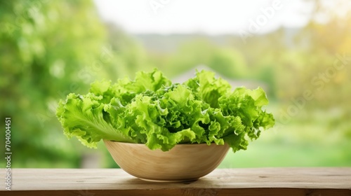  a wooden bowl filled with lettuce sitting on top of a wooden table next to a lush green forest filled with green leafy trees on a sunny day.