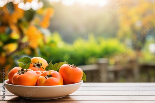 a white bowl filled with lots of oranges on top of a wooden table in front of a green leafy tree and a bright sun shining in the background.