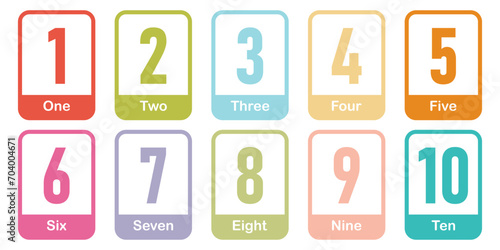 Printable flashcard collection for numbers from 1 to 10 with text for children. For preschool years and kindergarten kids learning numbers. Vector illustration