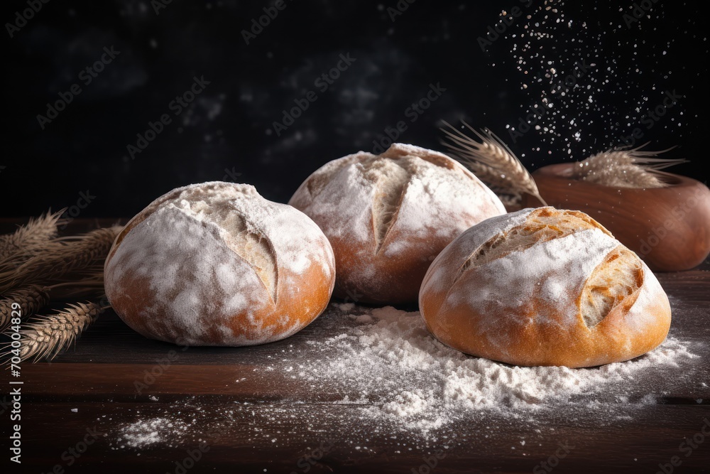 three loaves of bread sprinkled with powdered sugar on a wooden table with ears of wheat and ears of wheat in the background on a dark background. three loaves of bread sprinkled with powdered sugar on a wooden table with ears of wheat and ears of wheat in the background on a dark background.
