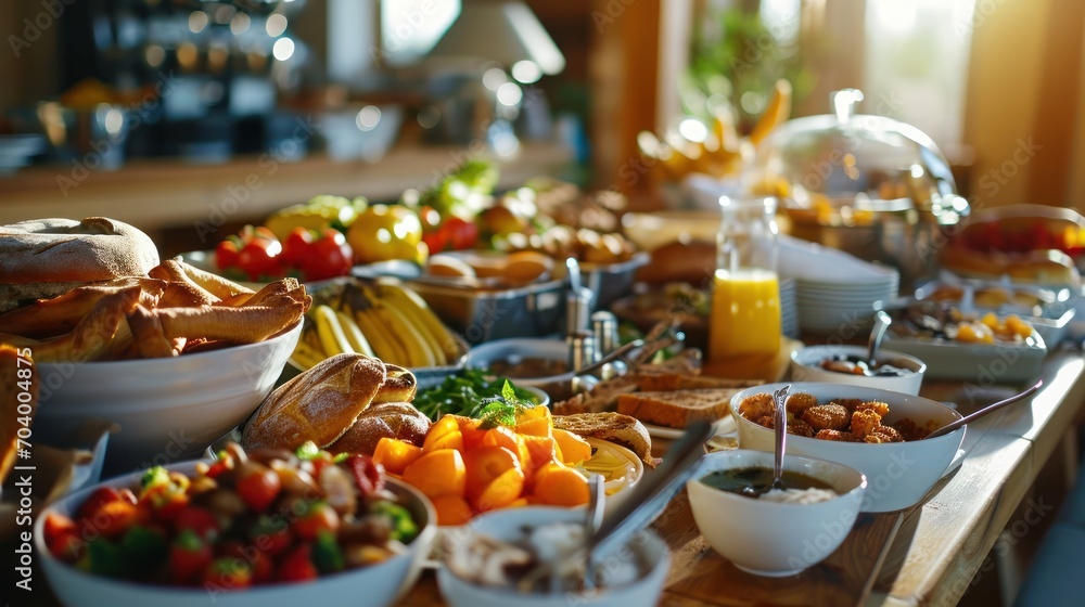 a wooden table topped with lots of plates and bowls filled with different types of food and condiments next to a glass of orange juice and a bowl of orange juice. a wooden table topped with lots of plates and bowls filled with different types of food and condiments next to a glass of orange juice and a bowl of orange juice.