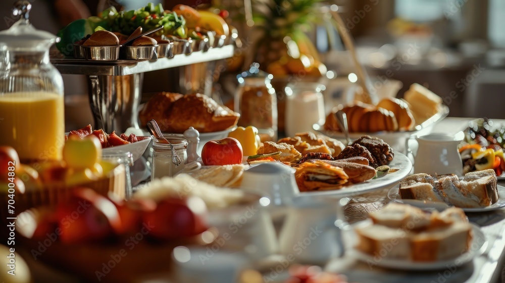  a buffet table filled with a variety of pastries and desserts and a pitcher of orange juice and a pitcher of orange juice and a glass of orange juice. - obrazy, fototapety, plakaty 