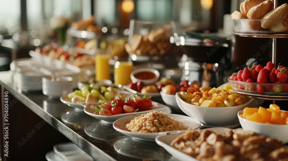  a buffet with a variety of fruits and pastries on the side of the buffet table and a variety of breads and pastries on the side of the table.