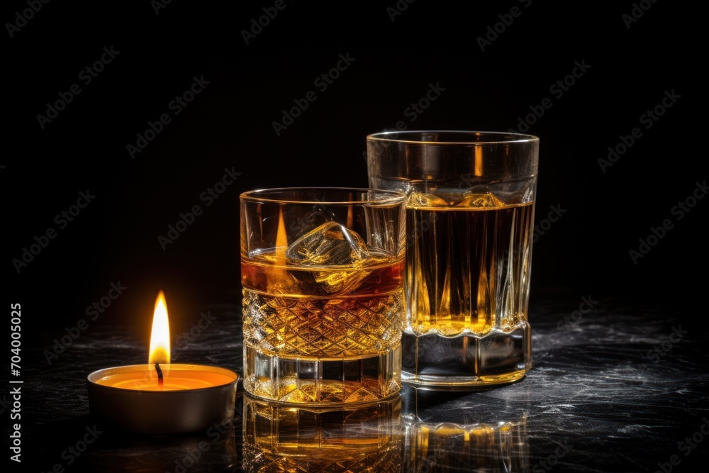  two glasses of whiskey and a lit candle on a black table with a reflection of a candle in the glass and a lit candle in the middle of the glass.