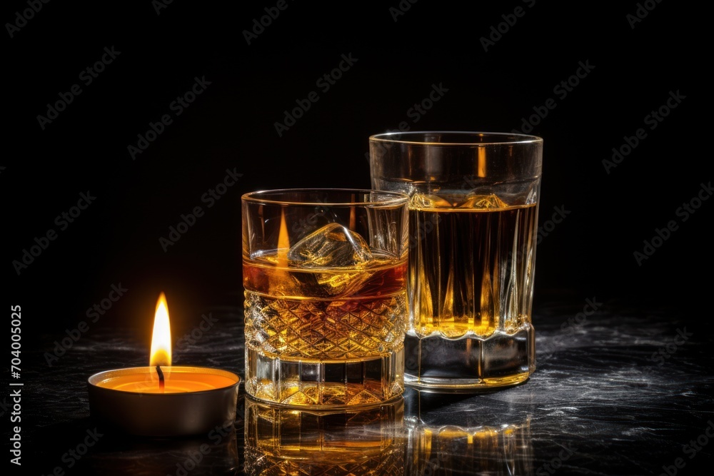 two glasses of whiskey and a lit candle on a black table with a reflection of a candle in the glass and a lit candle in the middle of the glass. two glasses of whiskey and a lit candle on a black table with a reflection of a candle in the glass and a lit candle in the middle of the glass.