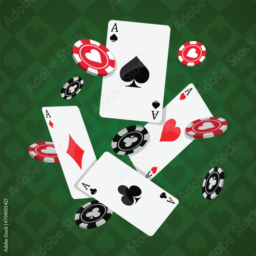 Falling card and casino chips on green background vector