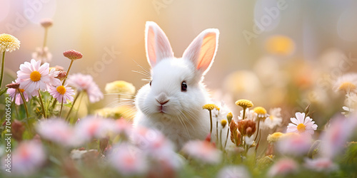 Easter white cute bunny in the grass and flowers, background, copy space