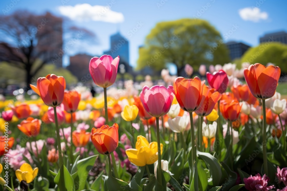  a field of colorful tulips and other flowers in the foreground of a cityscape with a blue sky in the back ground and buildings in the background.