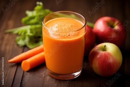  a glass of carrot juice next to two apples and a bunch of carrots on a wooden table with lettuce, celery, and carrots.