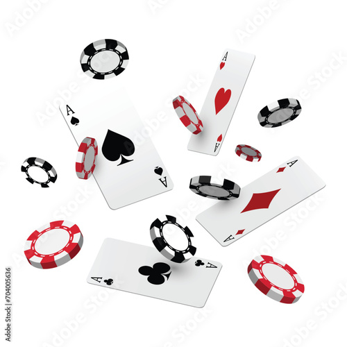 3d white poker cards with black and red casino chips vector