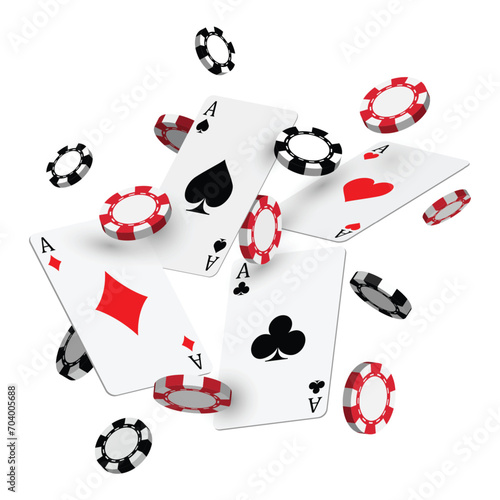 Falling 3d pokers cards with black and red casino chips on white background vector