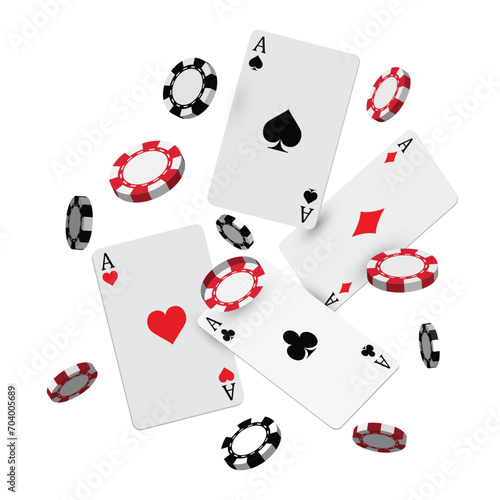 Black and red 3d casino chips with poker cards vector on white background