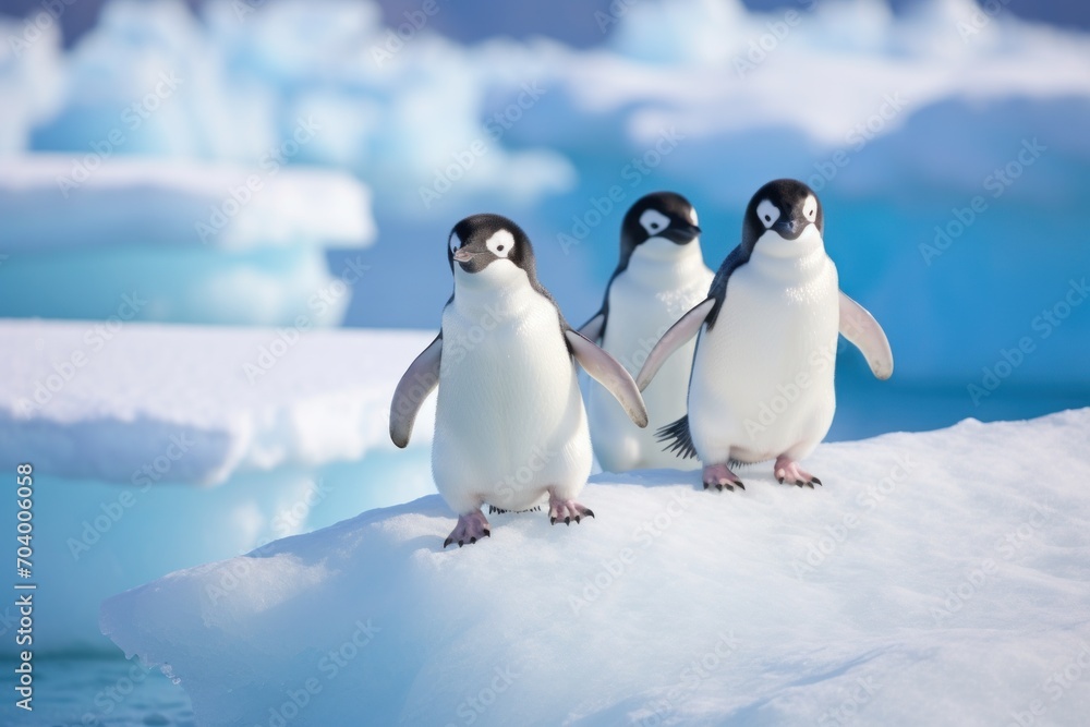  a group of three penguins standing on top of an ice floet next to a body of water with icebergs in the background and a blue sky.