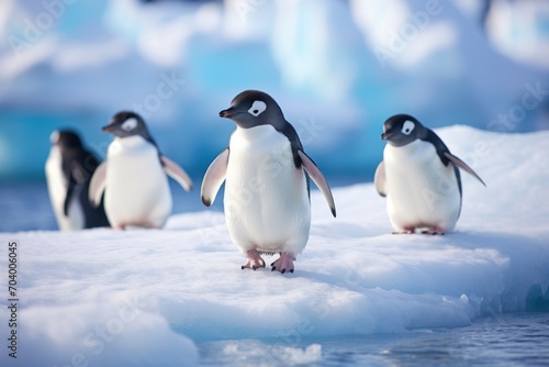  a group of penguins standing on top of an ice floet with one penguin in the foreground and one penguin in the middle of the picture  and one penguin in the background.