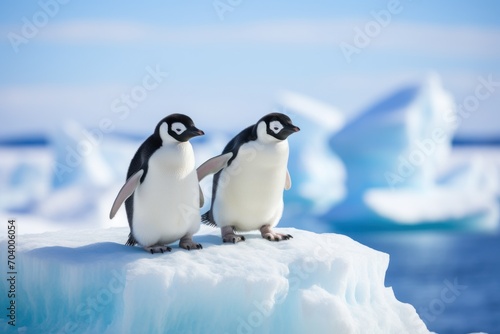  a couple of penguins standing on top of an iceberg next to an iceberg in the middle of a body of water with icebergs in the background.