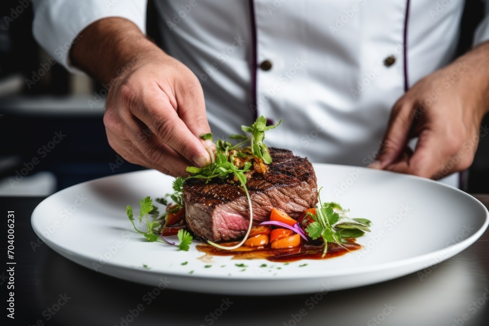  a chef is garnishing a piece of steak with a garnish on top of lettuce, carrots, and other vegetables on a white plate. - obrazy, fototapety, plakaty 