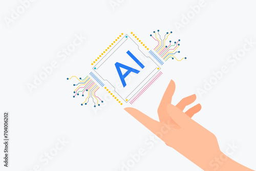 Businessman’s hand touch or show on virtual AI brain or computer chip by artificial intelligence technology concept. Ai circuit line for machine learning.
