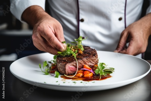  a chef is garnishing a piece of steak with a garnish on top of lettuce, carrots, and other vegetables on a white plate. photo