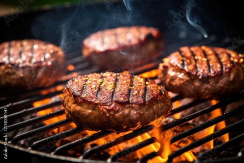  hamburgers cooking on a grill with flames and smoke coming out of the top of the hamburgers and on the bottom of the grill are hamburger patties with steaks being grilled.