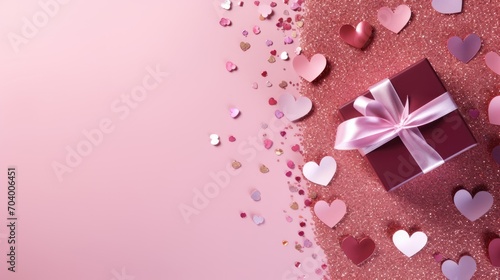 Valentines day background banner on pink and red glitter with gifts box, red and pink hearts background