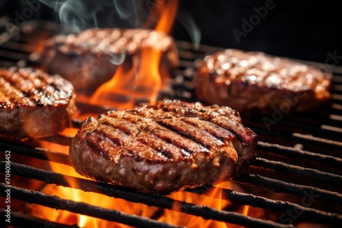  a close up of steaks cooking on a bbq grill with flames and smoke coming out of the top of the grill and the steaks being grilled. photo