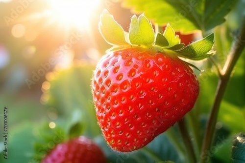 a close up of a strawberry on a plant with the sun shining through the leaves and the sun shining down on the ground behind the ripe, on a sunny day.