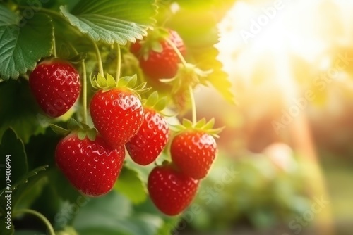  a close up of a bunch of strawberries growing on a plant with the sun shining through the leaves and the sun shining down on the ground in the background.