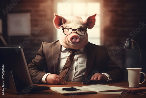business pig in suit sitting at a table in office, Generative AI