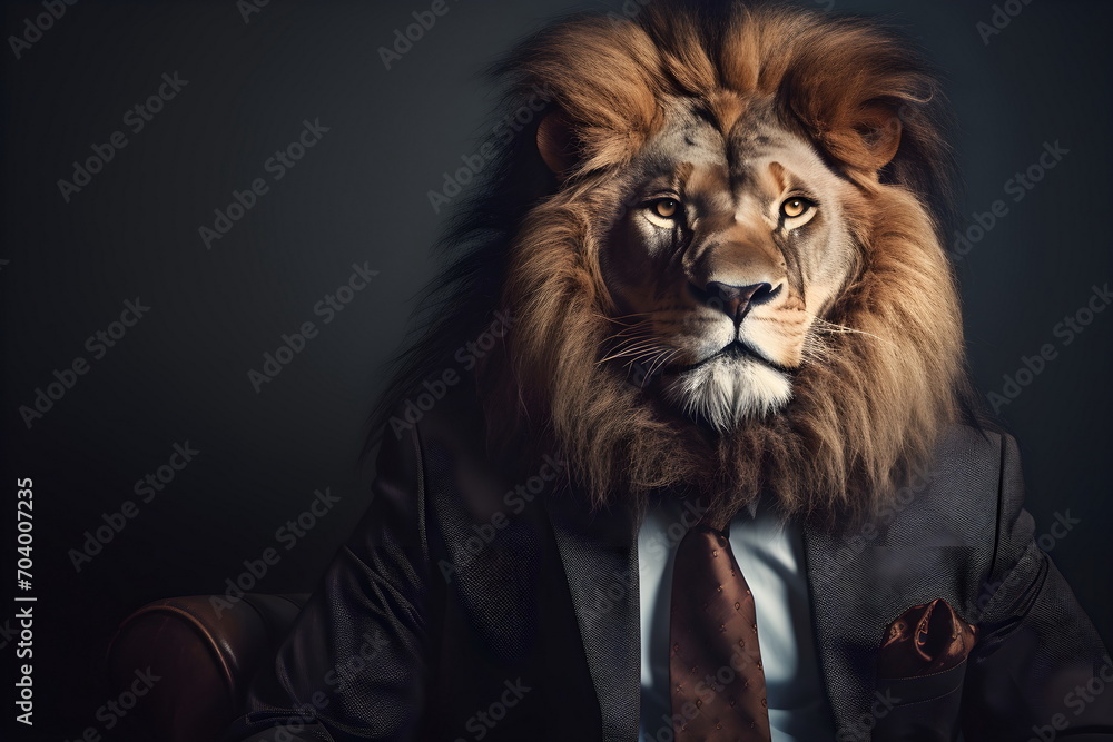 business lion in suit sitting at a table in office, Generative AI business lion in suit sitting at a table in office, Generative AI