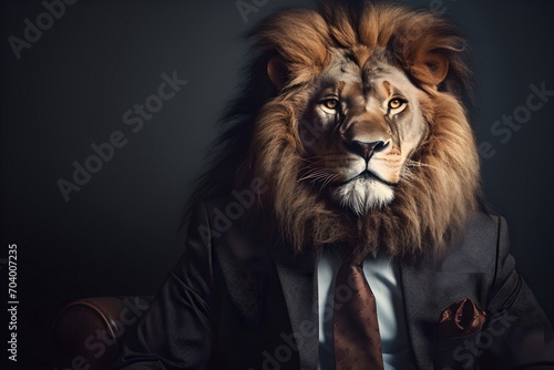 business lion in suit sitting at a table in office, Generative AI
