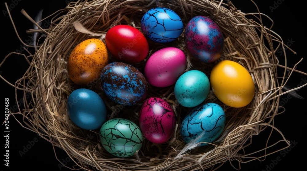 a bird's nest filled with colored eggs on top of a black background with the words happy easter written across the top of the eggs and bottom of the eggs. a bird's nest filled with colored eggs on top of a black background with the words happy easter written across the top of the eggs and bottom of the eggs.