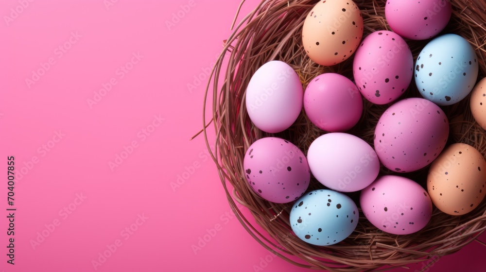  a basket filled with lots of eggs on top of a pink table next to a cup of coffee and a cup of coffee on top of a pink table with a pink background.