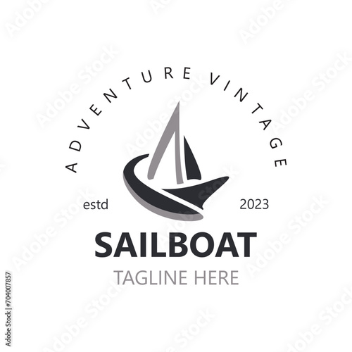 Sailboat vintage logo minimalist with wave, travel yacth or sailing boat vector design