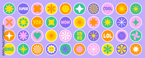 Y2K sticker pack. Cool abstract shapes icon set. Trendy retro groovy patches. Cartoon aesthetic vector illustration.