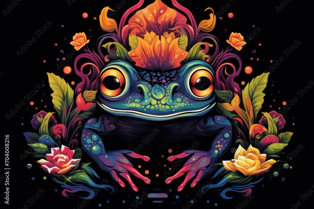 a frog with flowers and leaves on it's head, sitting in front of a black background, with a black background and a red, yellow, orange, yellow, orange, and blue, and pink, and green, and red flower,. a frog with flowers and leaves on it's head, sitting in front of a black background, with a black background and a red, yellow, orange, yellow, orange, and blue, and pink, and green, and red flower,.