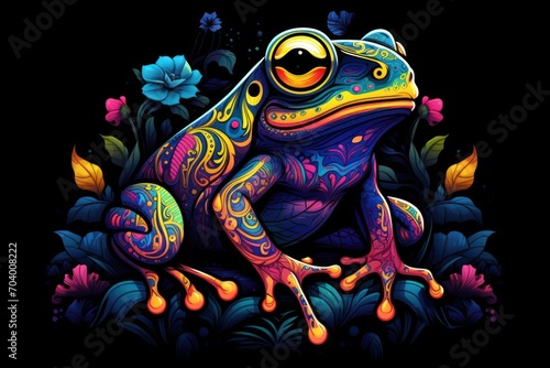  a brightly colored frog sitting on top of a lush green leafy plant covered in blue, pink, yellow, and orange flowers on a black background with flowers.