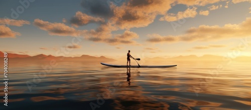 man is surfing on a sup board on calm water at sunset. photo