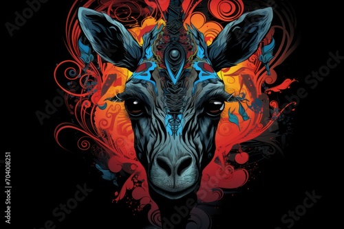  a close up of a giraffe's face on a black background with red, blue, yellow, and orange swirls on it's head.