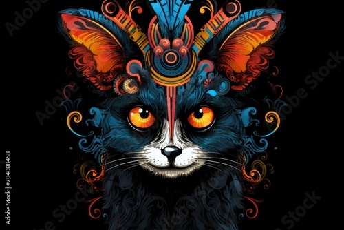  a black and white cat with orange eyes and a headdress on it's head, with intricate designs on it's ears, on a black background.