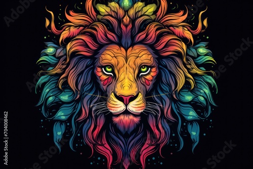  a colorful lion s head on a black background with a pattern of leaves on it s head and the colors of the lion s mane are multi - colored.